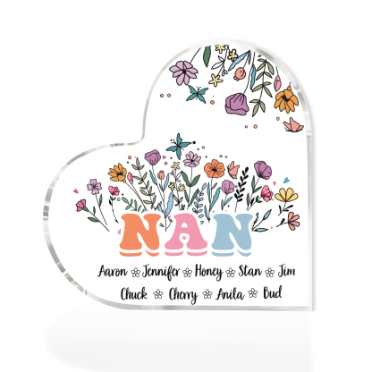 Personalised Heart-Shaped Acrylic Plaque with Custom 9 Names Floral Design - Gift for Nan | Jessmade