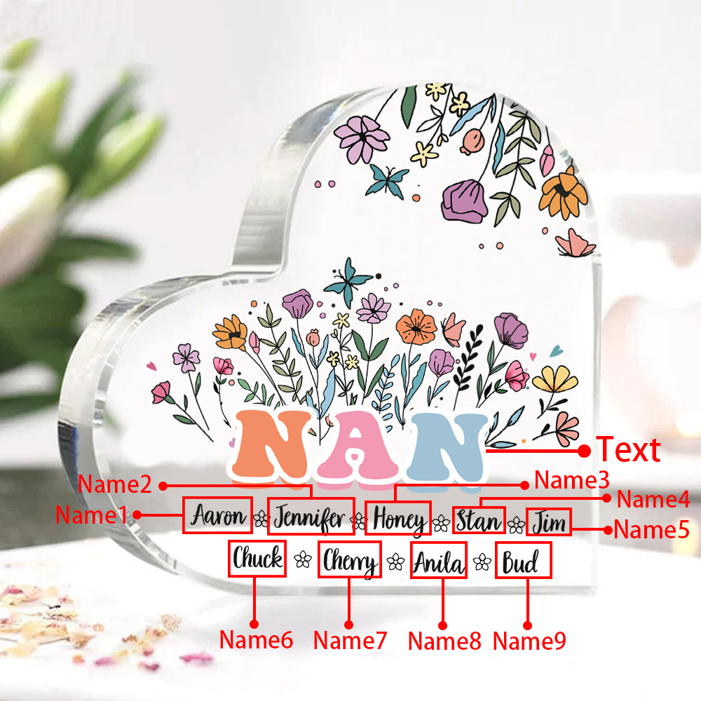 Personalised Heart-Shaped Acrylic Plaque with Custom 9 Names Floral Design - Gift for Nan | Jessmade