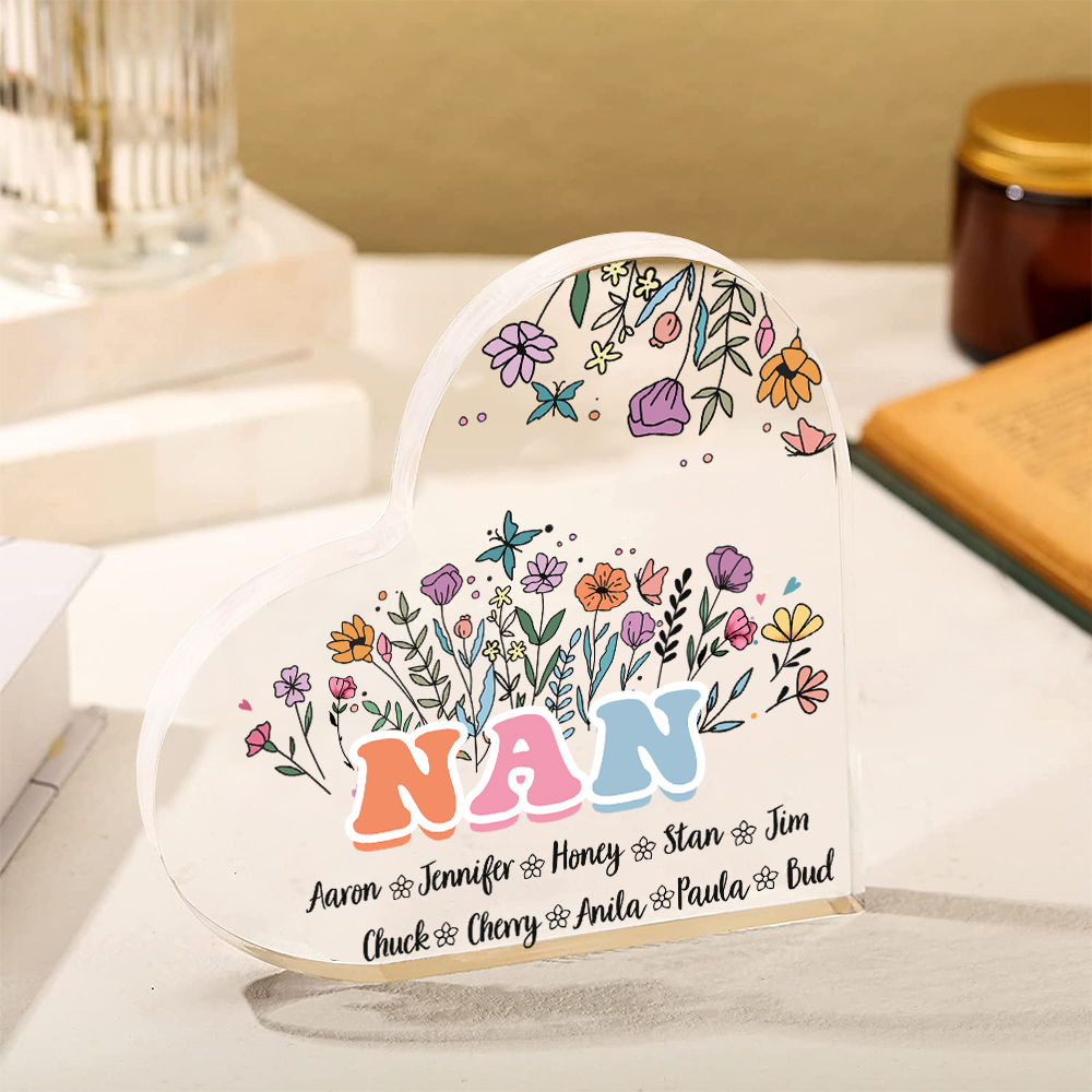 Personalised Heart-Shaped Acrylic Plaque with Custom 10 Names Floral Design - Gift for Nan | Jessmade