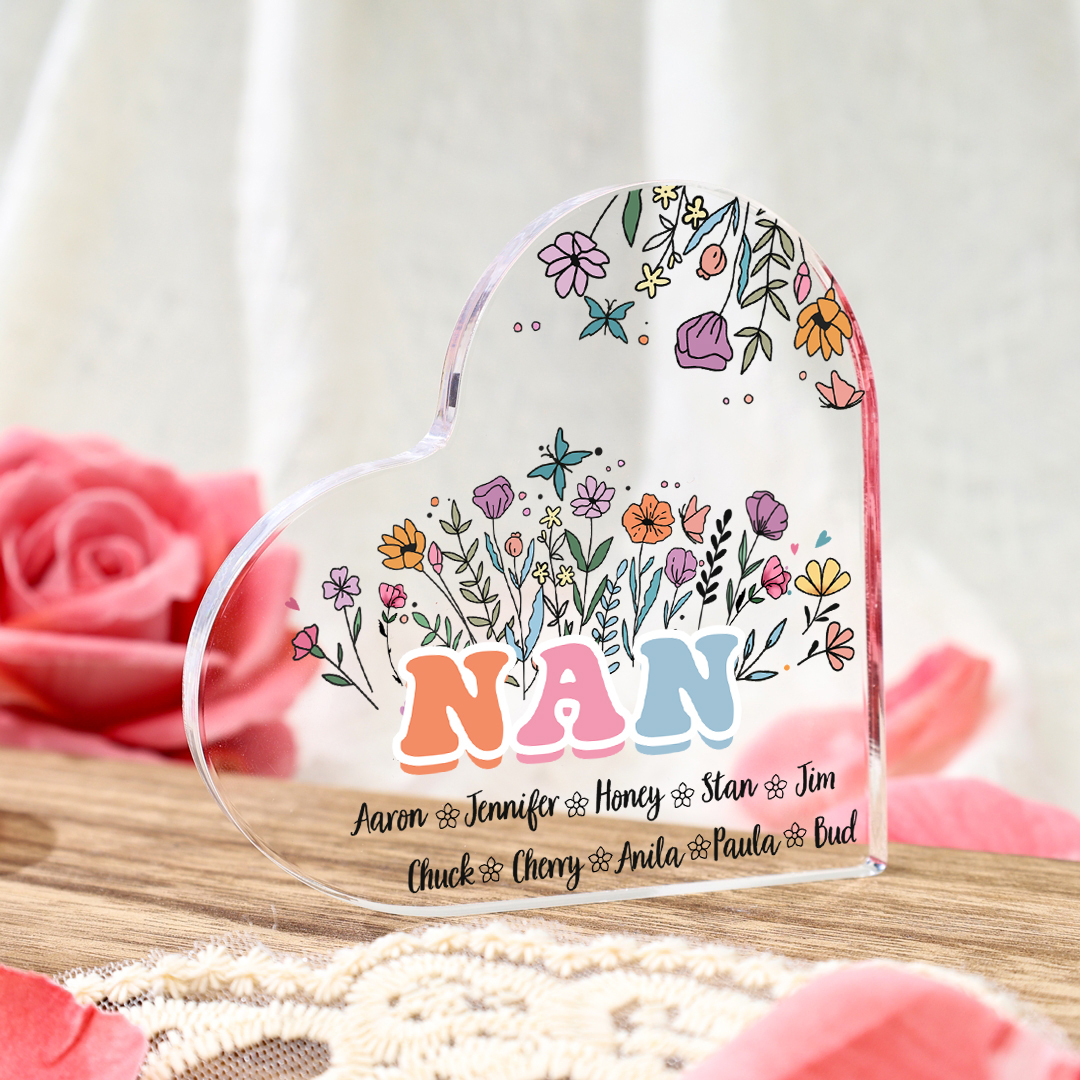 Personalised Heart-Shaped Acrylic Plaque with Custom 10 Names Floral Design - Gift for Nan | Jessmade
