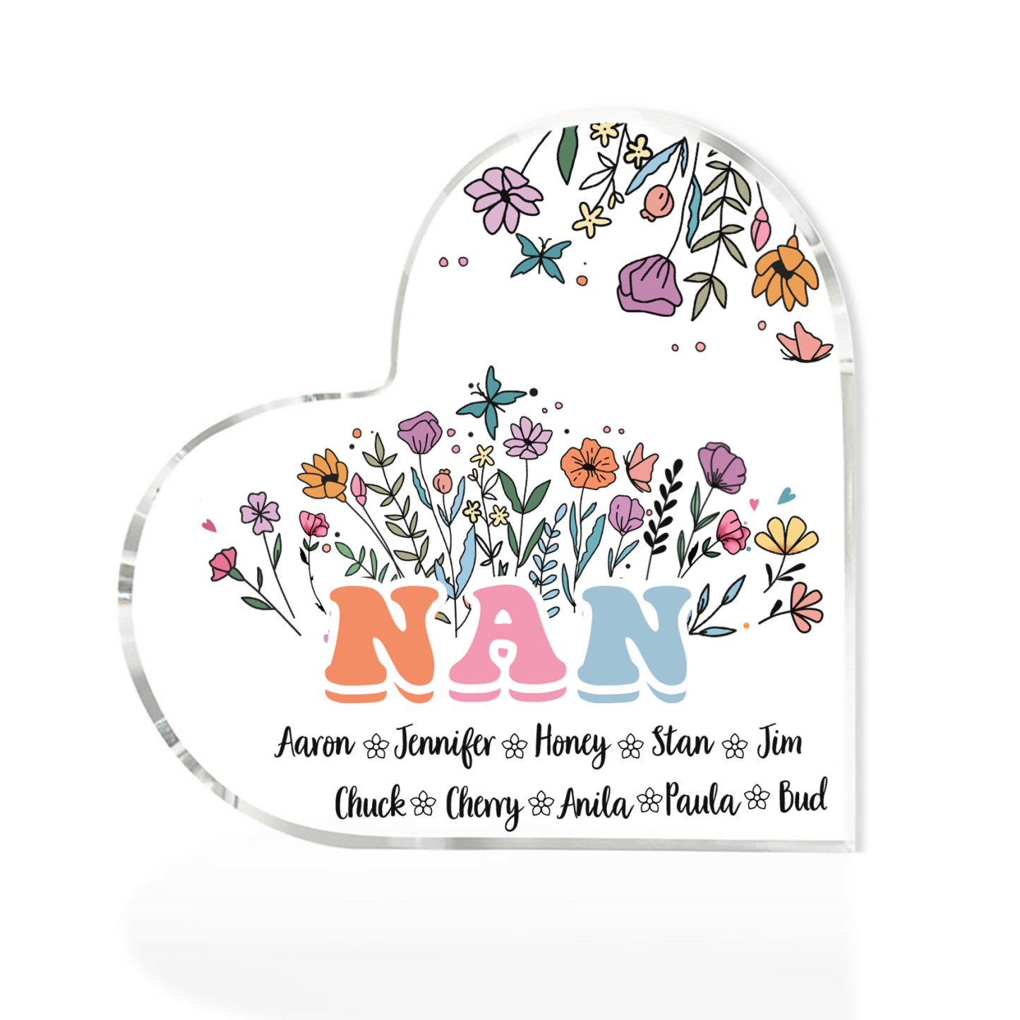 Personalised Heart-Shaped Acrylic Plaque with Custom 10 Names Floral Design - Gift for Nan | Jessmade