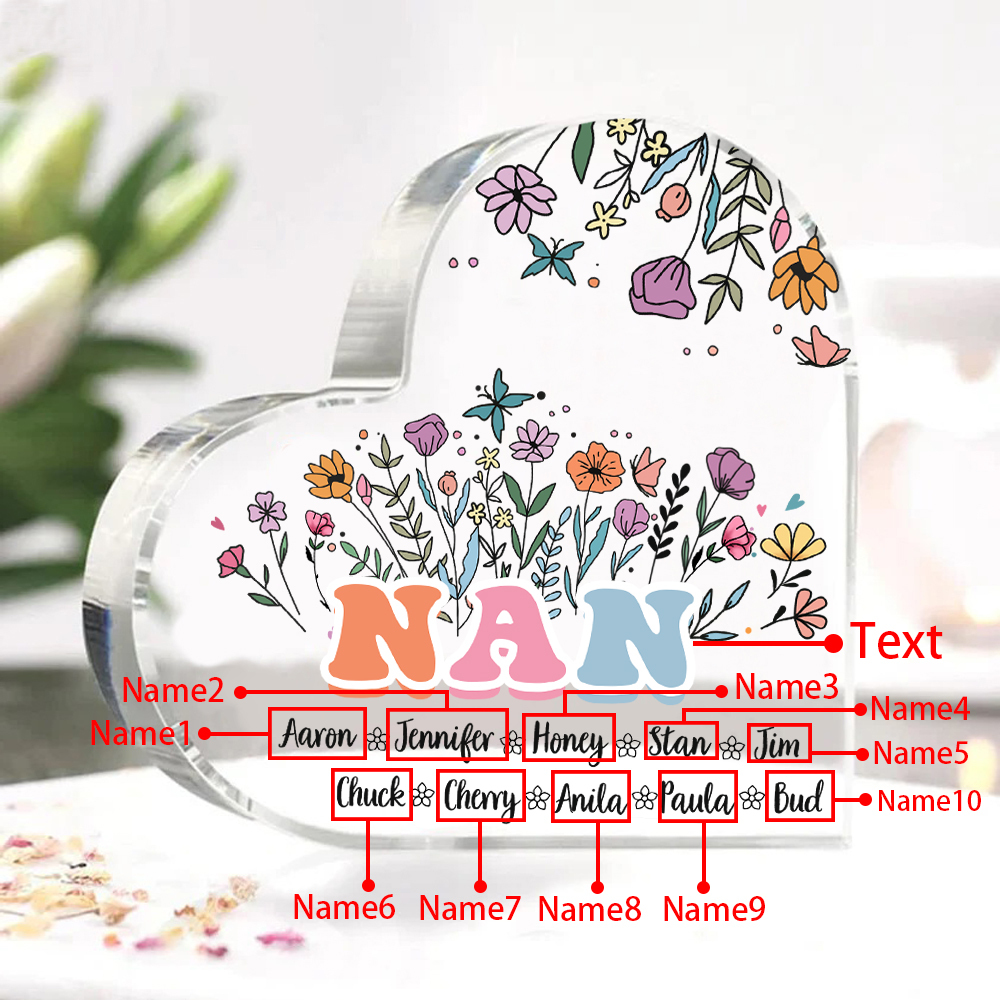 Personalised Heart-Shaped Acrylic Plaque with Custom 10 Names Floral Design - Gift for Nan | Jessmade