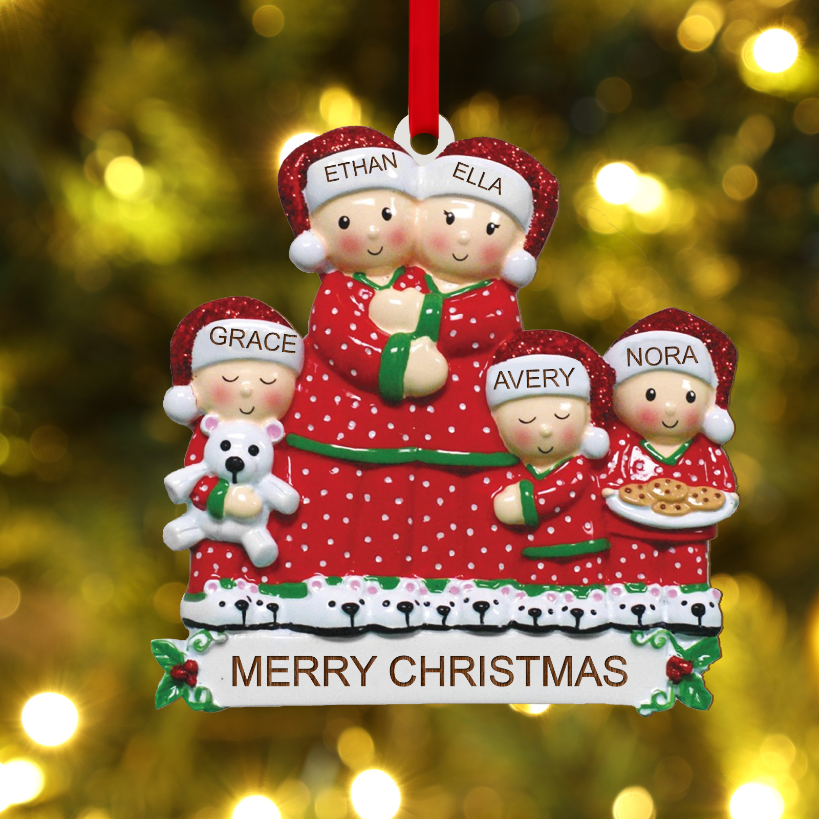 Personalised Christmas Family Ornament – Custom 4Names & Text, Wooden 