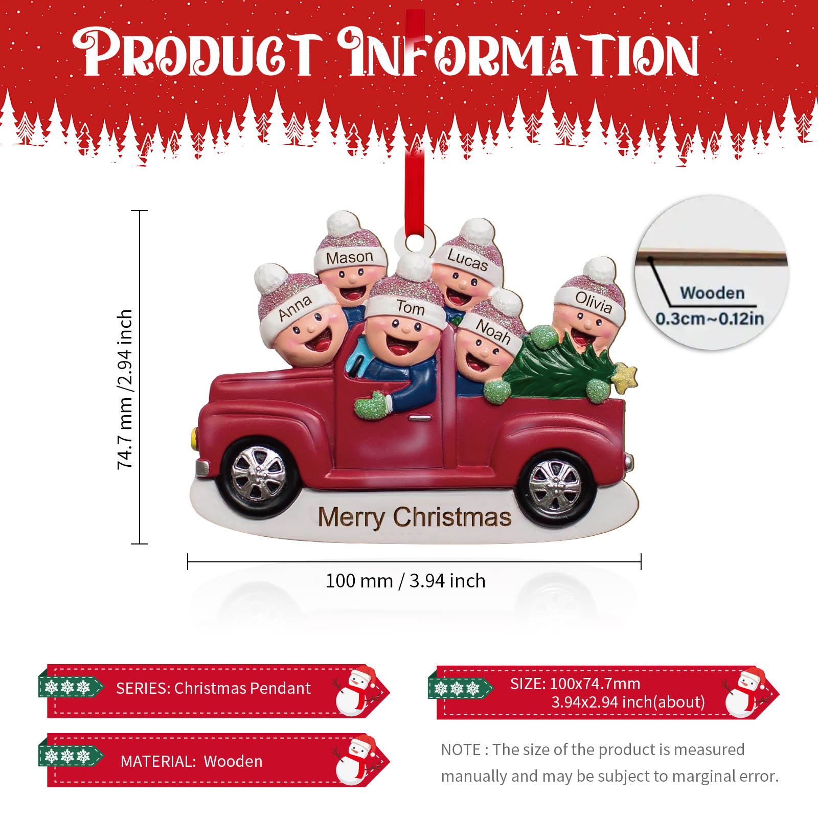 Personalised Christmas Ornament – Custom 6 Names & Text, Wooden Decoration Christmas Gift for Family | Jessemade