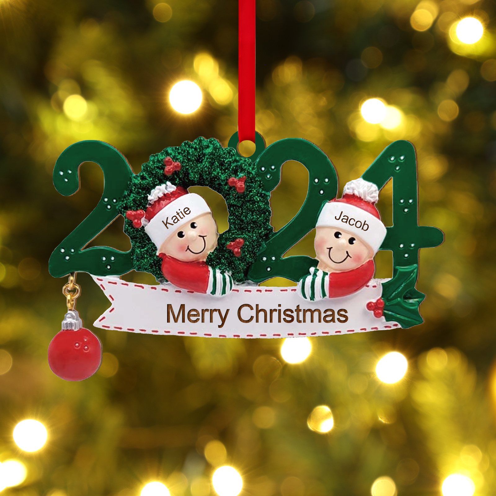 Personalised Christmas Ornament – Custom 2 Names & 1 Text, Wooden Hanging Decoration for Family | Jessemade