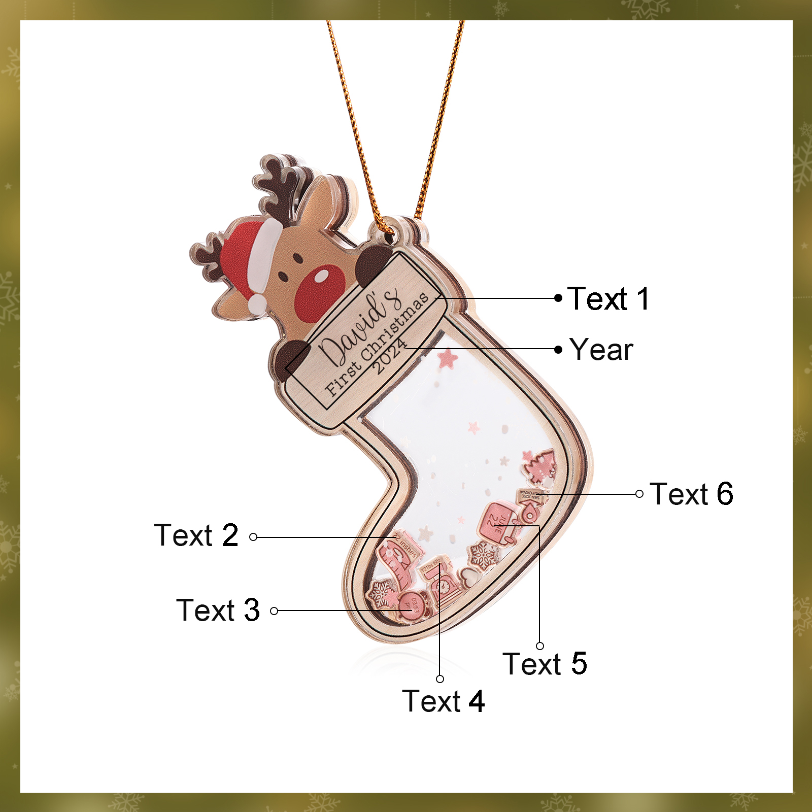 Personalised Reindeer Baby's First Christmas Stocking Shaker Ornament with Custom 6 Texts & 1 Year Christmas Gift for Baby | Jessemade
