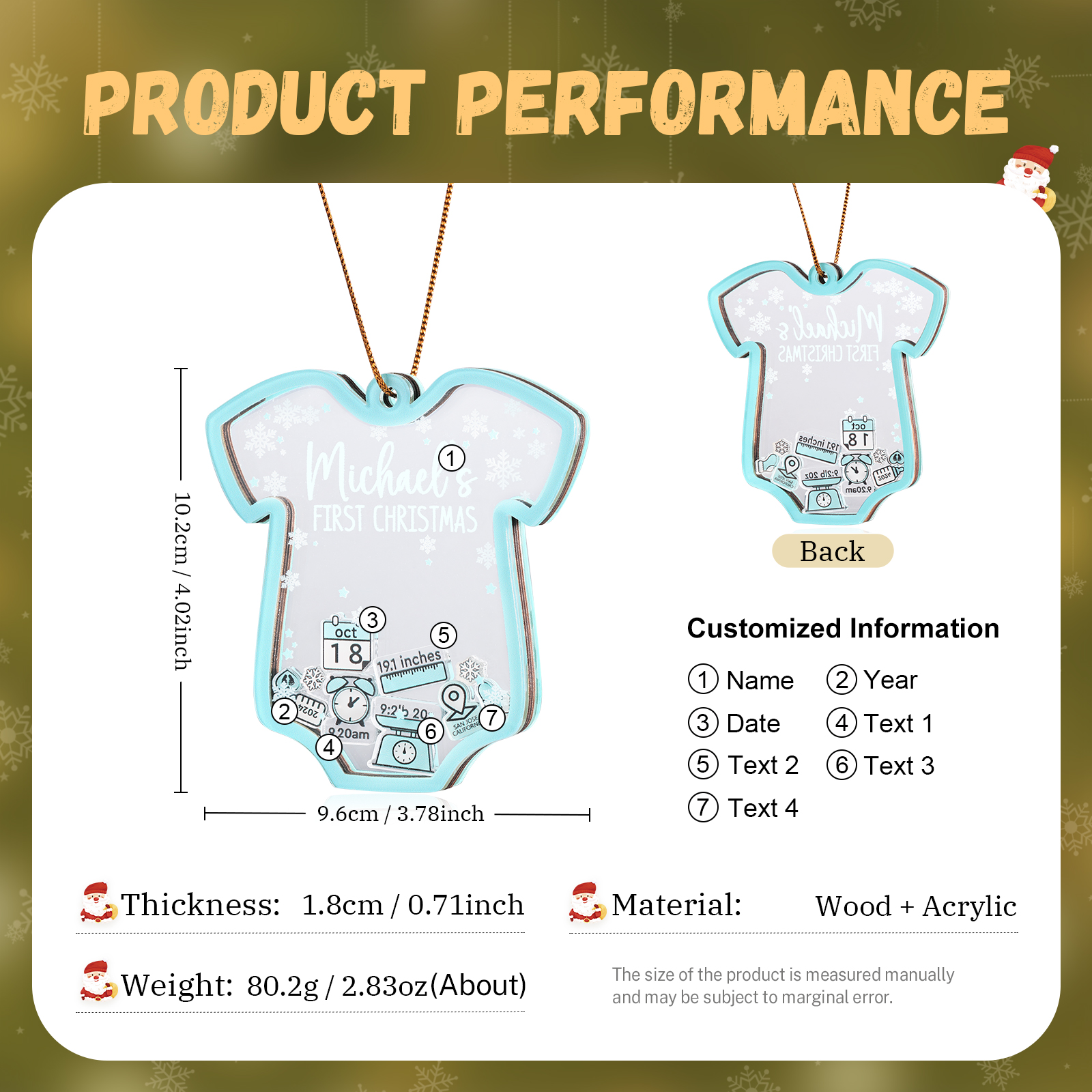 Personalised Baby's First Christmas Ornament - Custom 4 texts & 1 Name & 1 Date & 1 Year Keepsake | Jessemade