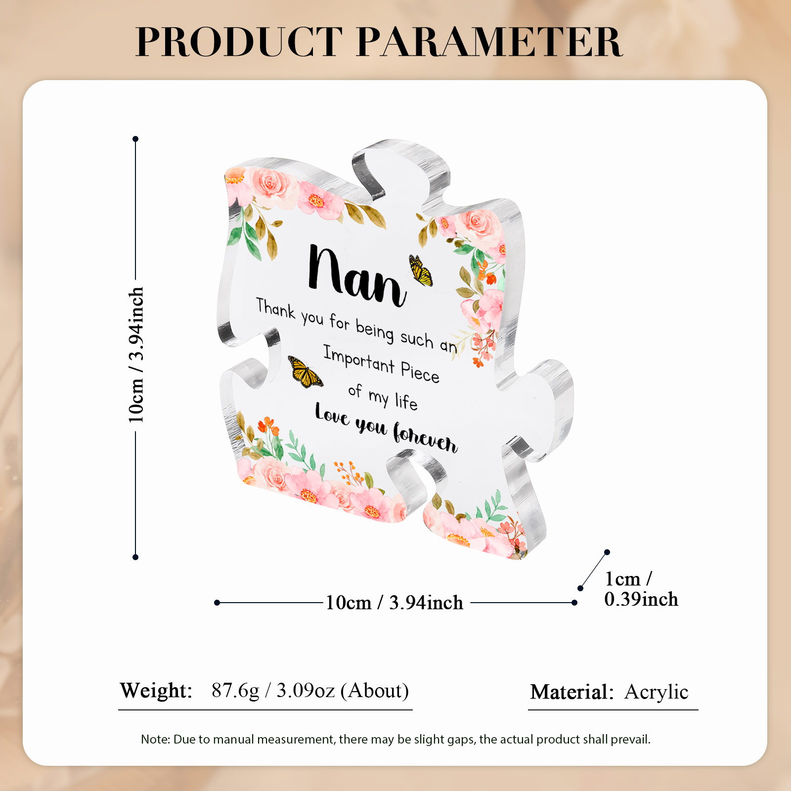 Personalised Acrylic Puzzle Piece Plaque with Custom 2 Text - Floral Design for Nan | Jessmade