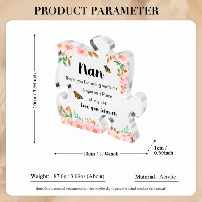Personalised Acrylic Puzzle Piece Plaque with Custom 2 Text - Floral Design for Nan | Jessmade