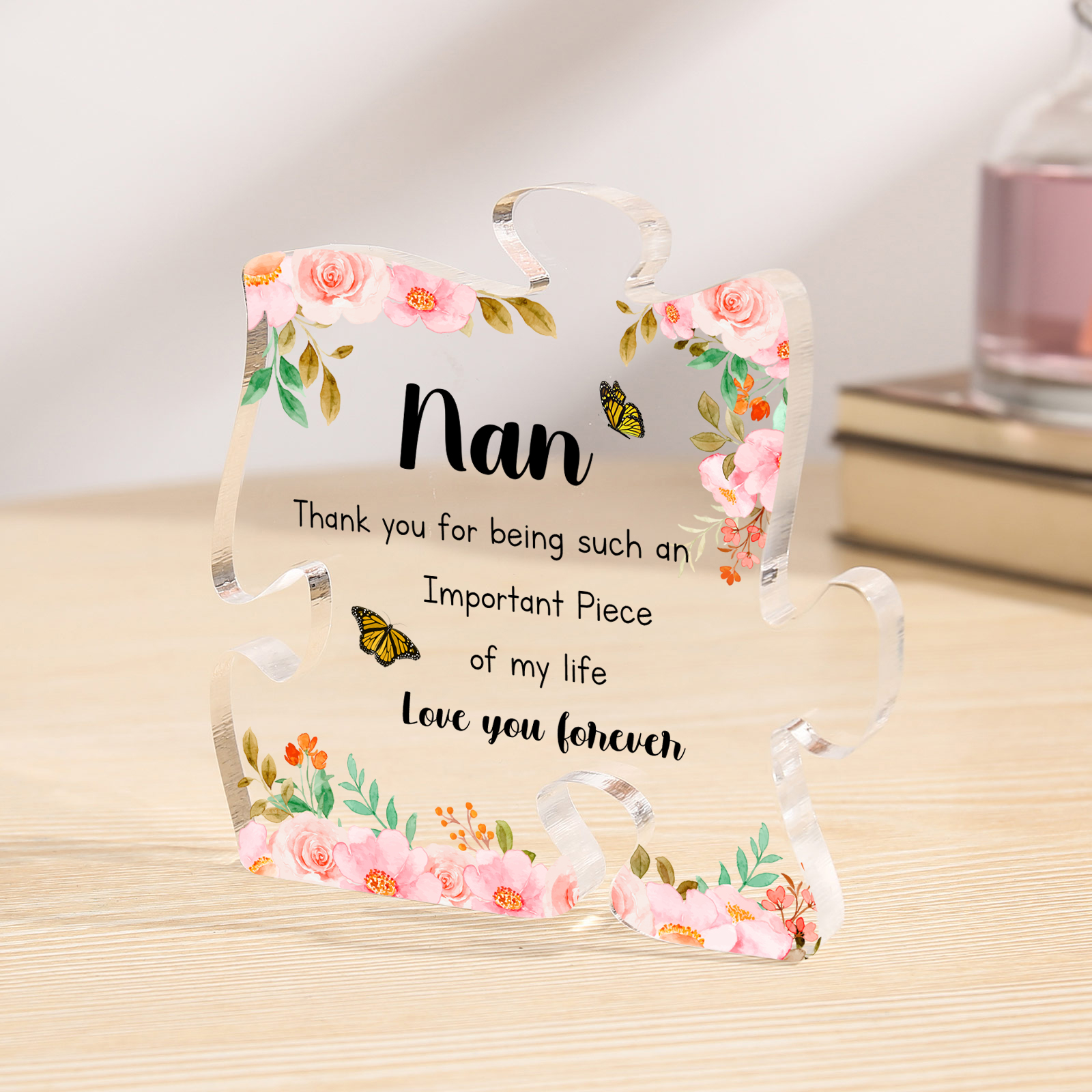Personalised Acrylic Puzzle Piece Plaque with Custom 2 Text - Floral Design for Nan | Jessmade