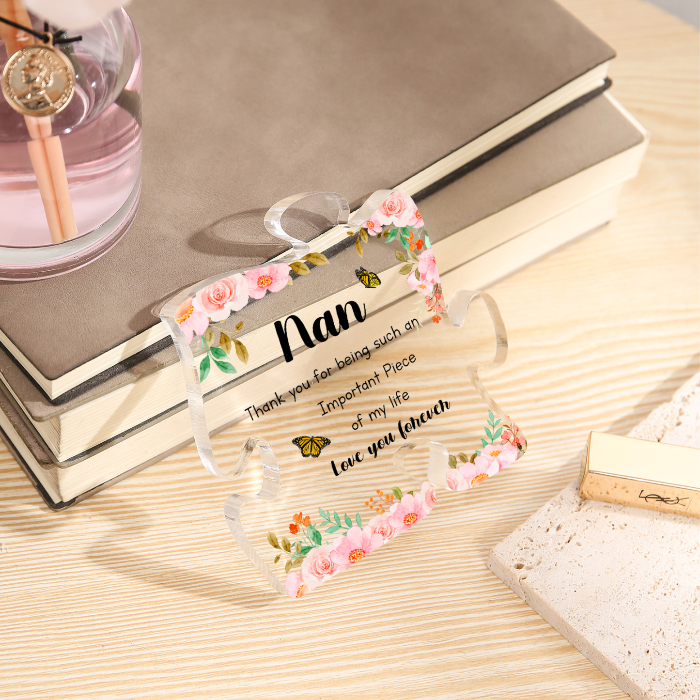 Personalised Acrylic Puzzle Piece Plaque with Custom 2 Text - Floral Design for Nan | Jessmade