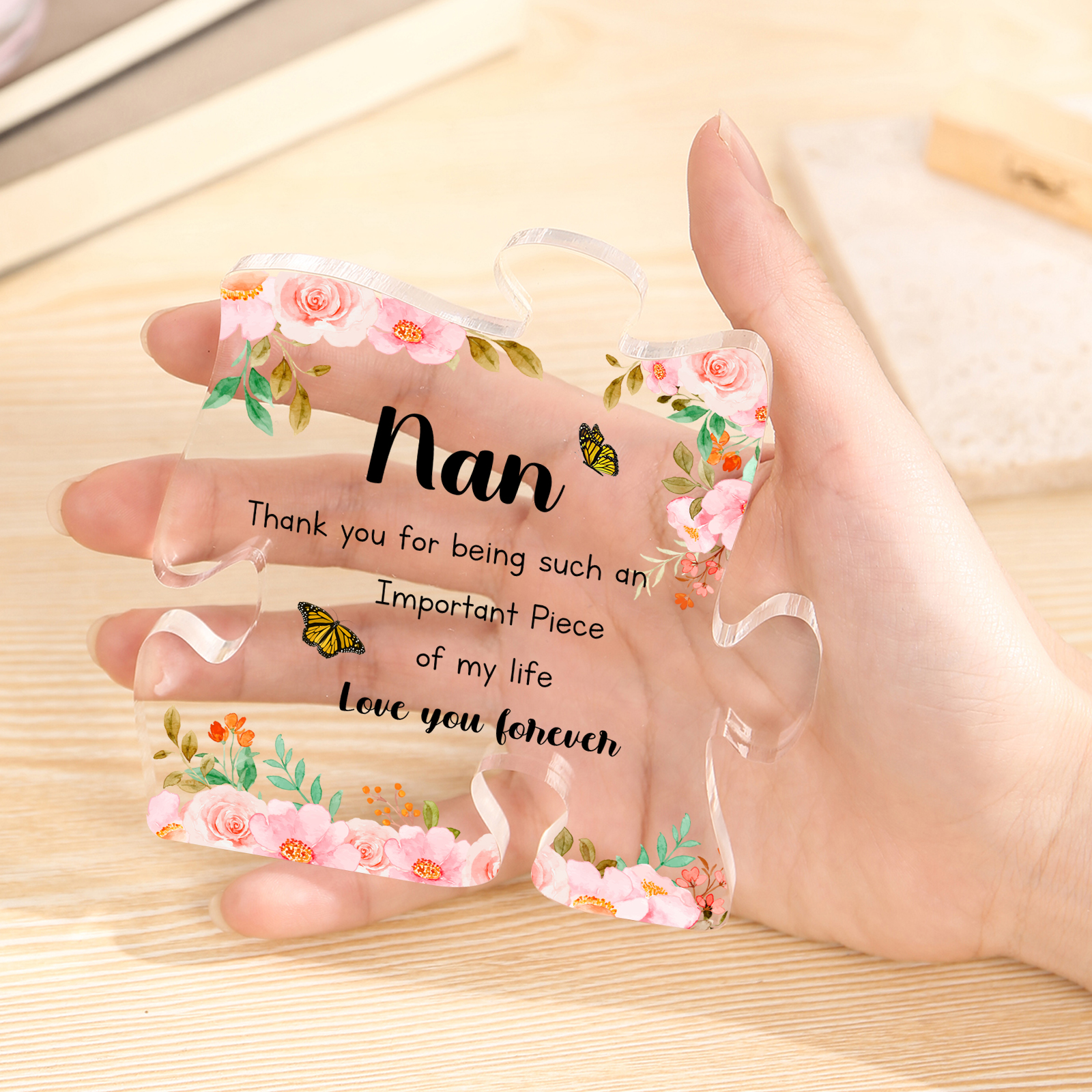 Personalised Acrylic Puzzle Piece Plaque with Custom 2 Text - Floral Design for Nan | Jessmade