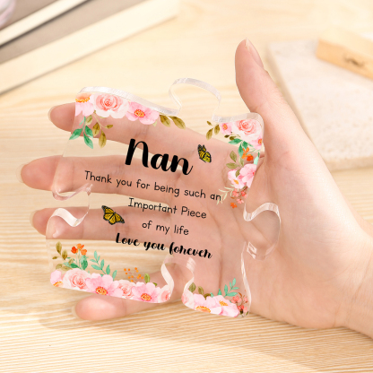 Personalised Acrylic Puzzle Piece Plaque with Custom 2 Text - Floral Design for Nan | Jessmade
