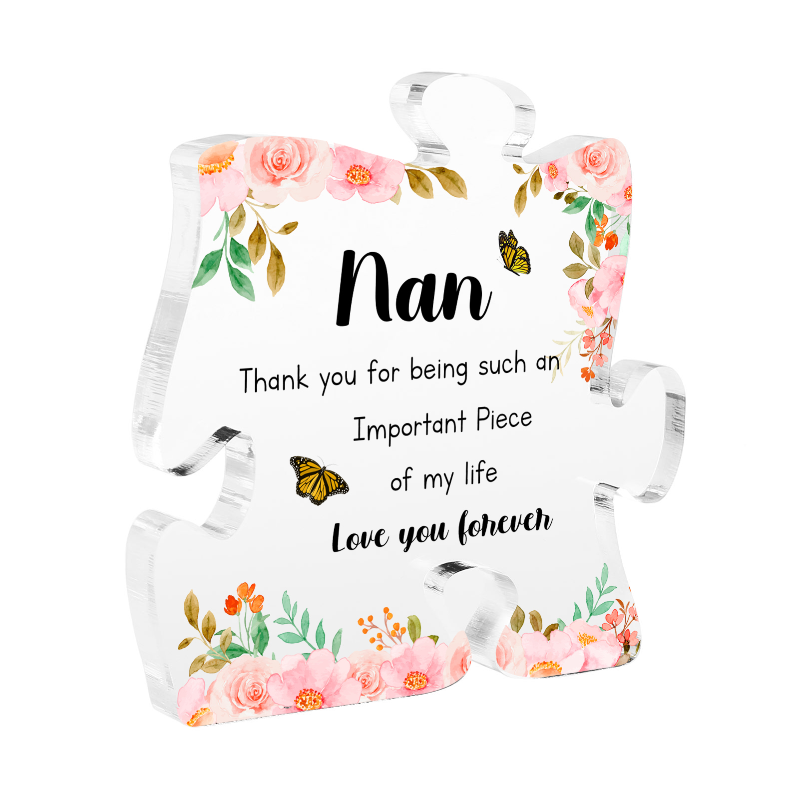 Personalised Acrylic Puzzle Piece Plaque with Custom 2 Text - Floral Design for Nan | Jessmade