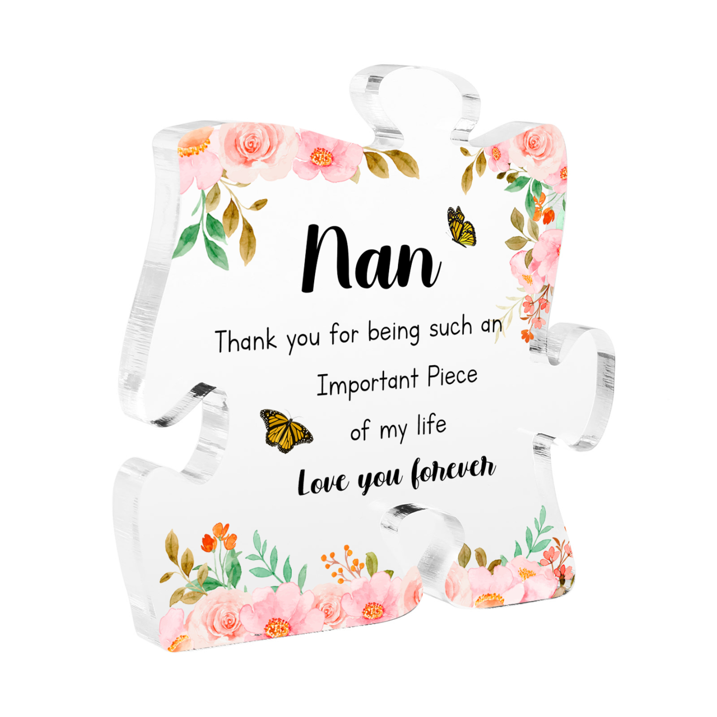 Personalised Acrylic Puzzle Piece Plaque with Custom 2 Text - Floral Design for Nan | Jessmade