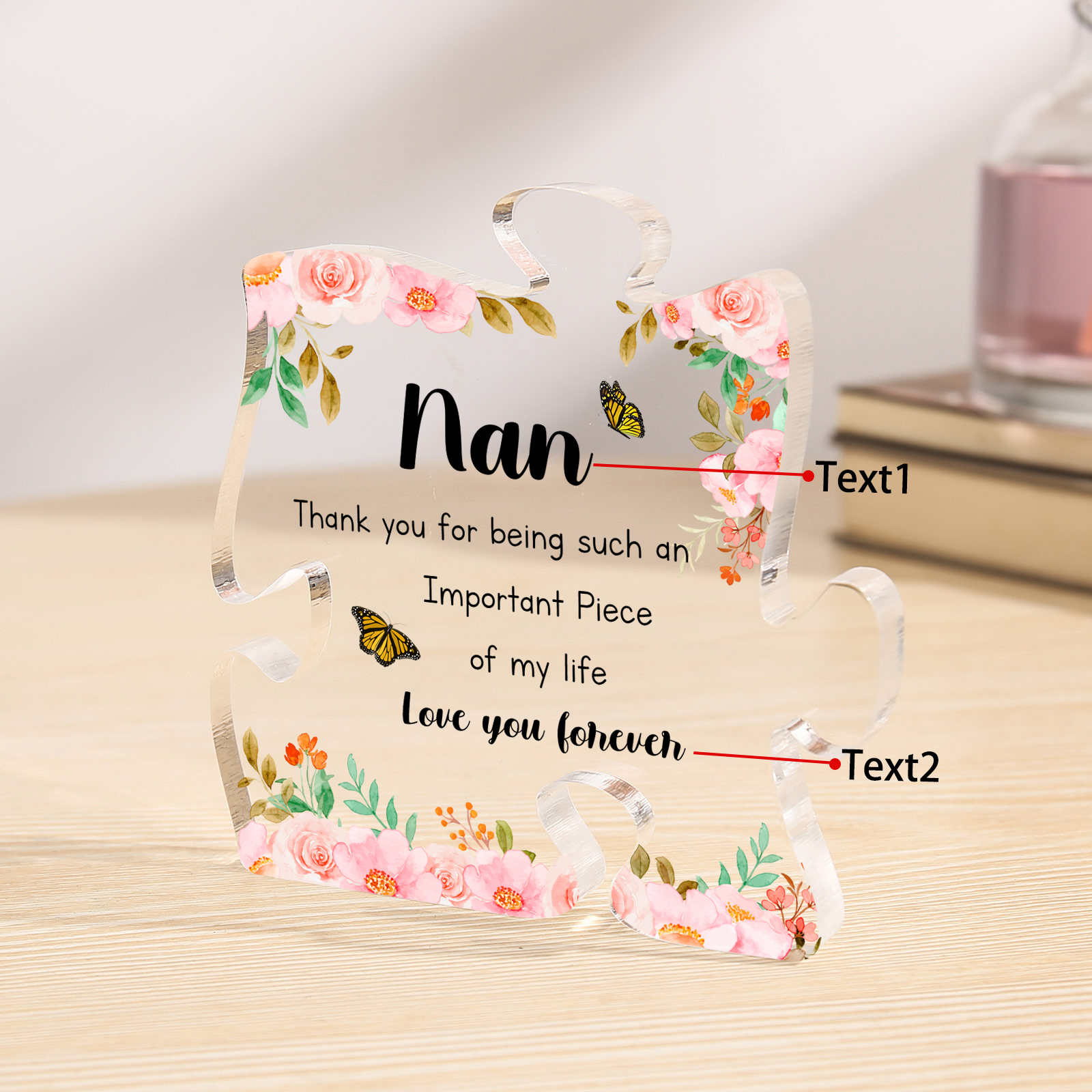 Personalised Acrylic Puzzle Piece Plaque with Custom 2 Text - Floral Design for Nan | Jessmade