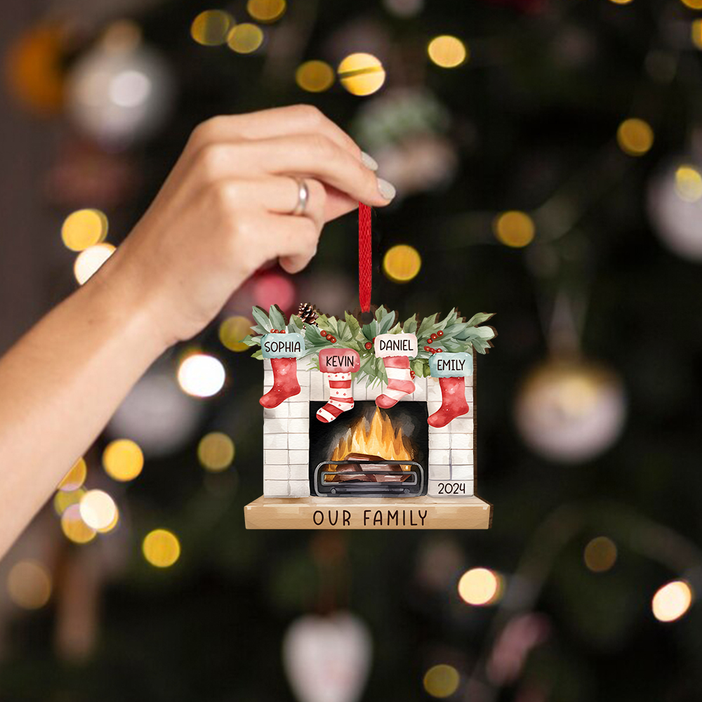 Personalised Family Christmas Hanging Ornament - Custom 4 Names & 1 Year & 1 Text Fireplace Decoration for Family | Jessmade