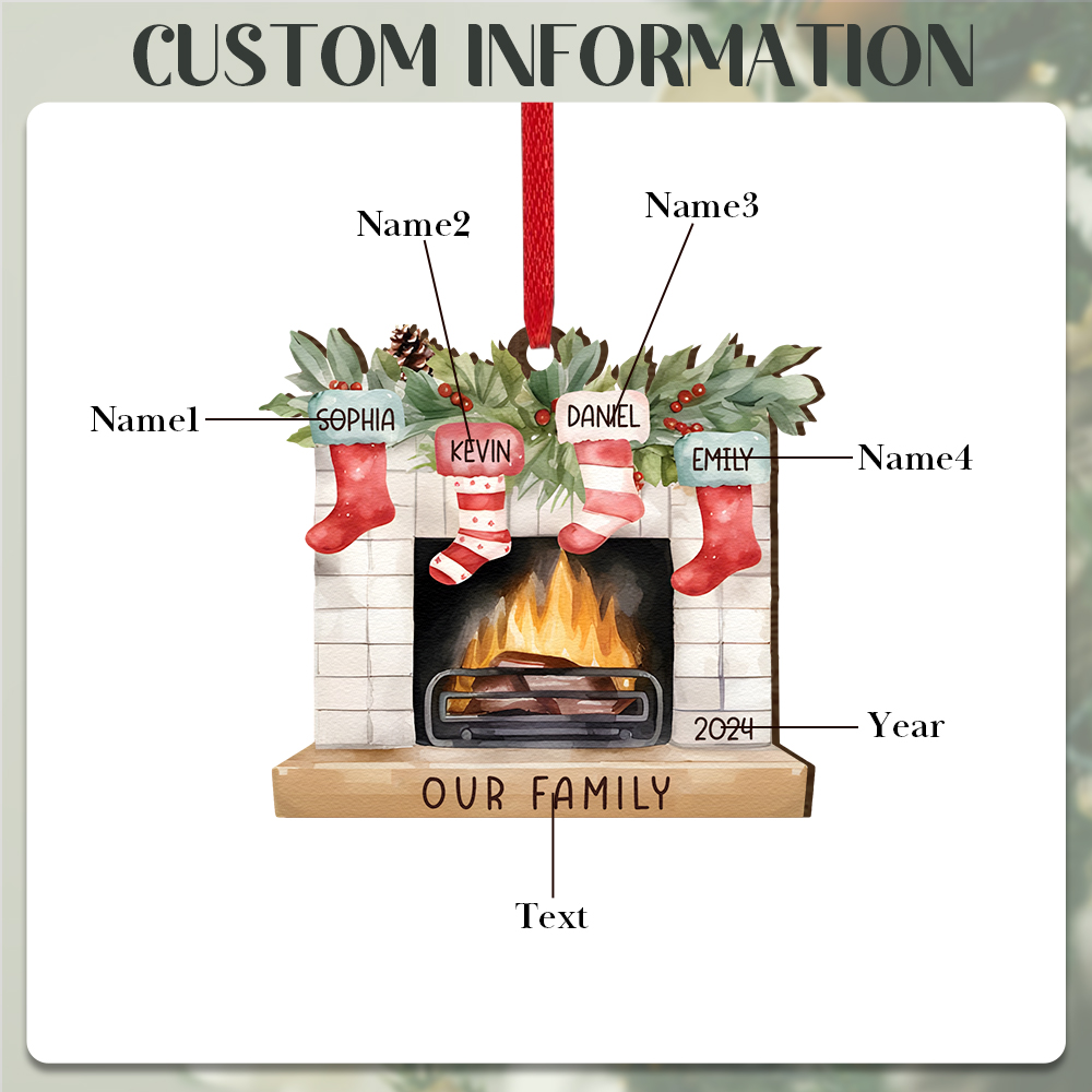 Personalised Family Christmas Hanging Ornament - Custom 4 Names & 1 Year & 1 Text Fireplace Decoration for Family | Jessmade