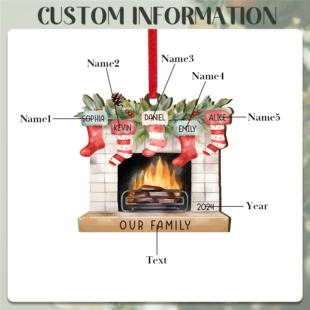 Personalised Family Christmas Hanging Ornament - Custom 5 Names & 1 Year & 1 Text Fireplace Decoration for Family | Jessmade