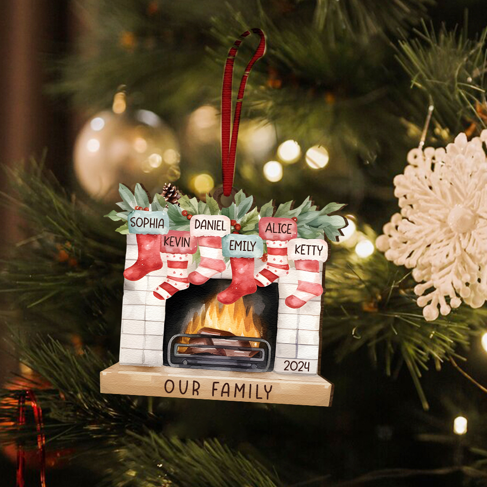 Personalised Family Christmas Hanging Ornament - Custom 6 Names & 1 Year & 1 Text Fireplace Decoration for Family | Jessmade