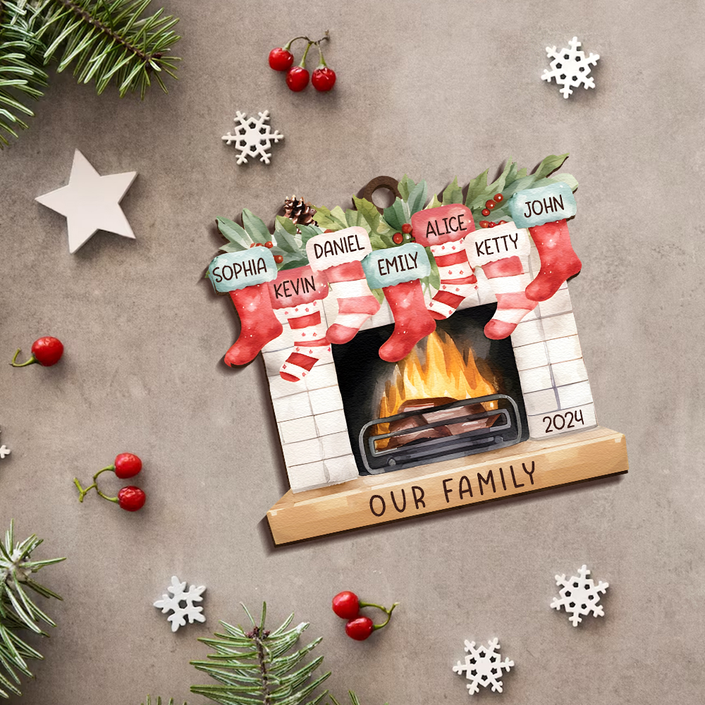 Personalised Family Christmas Hanging Ornament - Custom 7 Names & 1 Year & 1 Text Fireplace Decoration for Family | Jessmade