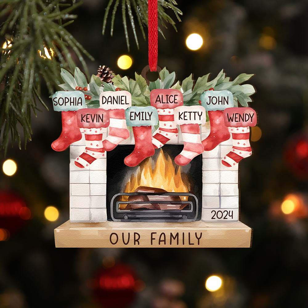 Personalised Family Christmas Hanging Ornament - Custom 8 Names & 1 Year & 1 Text Fireplace Decoration for Family | Jessmade