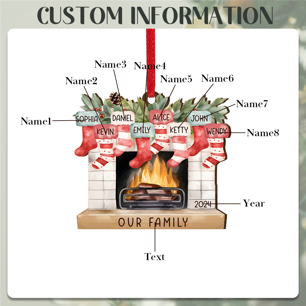 Personalised Family Christmas Hanging Ornament - Custom 8 Names & 1 Year & 1 Text Fireplace Decoration for Family | Jessmade