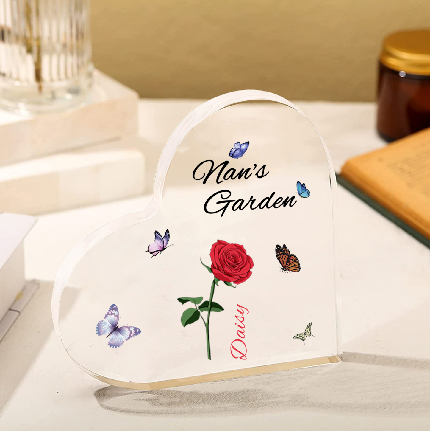 Personalised Heart-Shaped Acrylic Keepsake – Custom 1 Name & Birthflower Home Decorations Gift for Nan | Jessmade