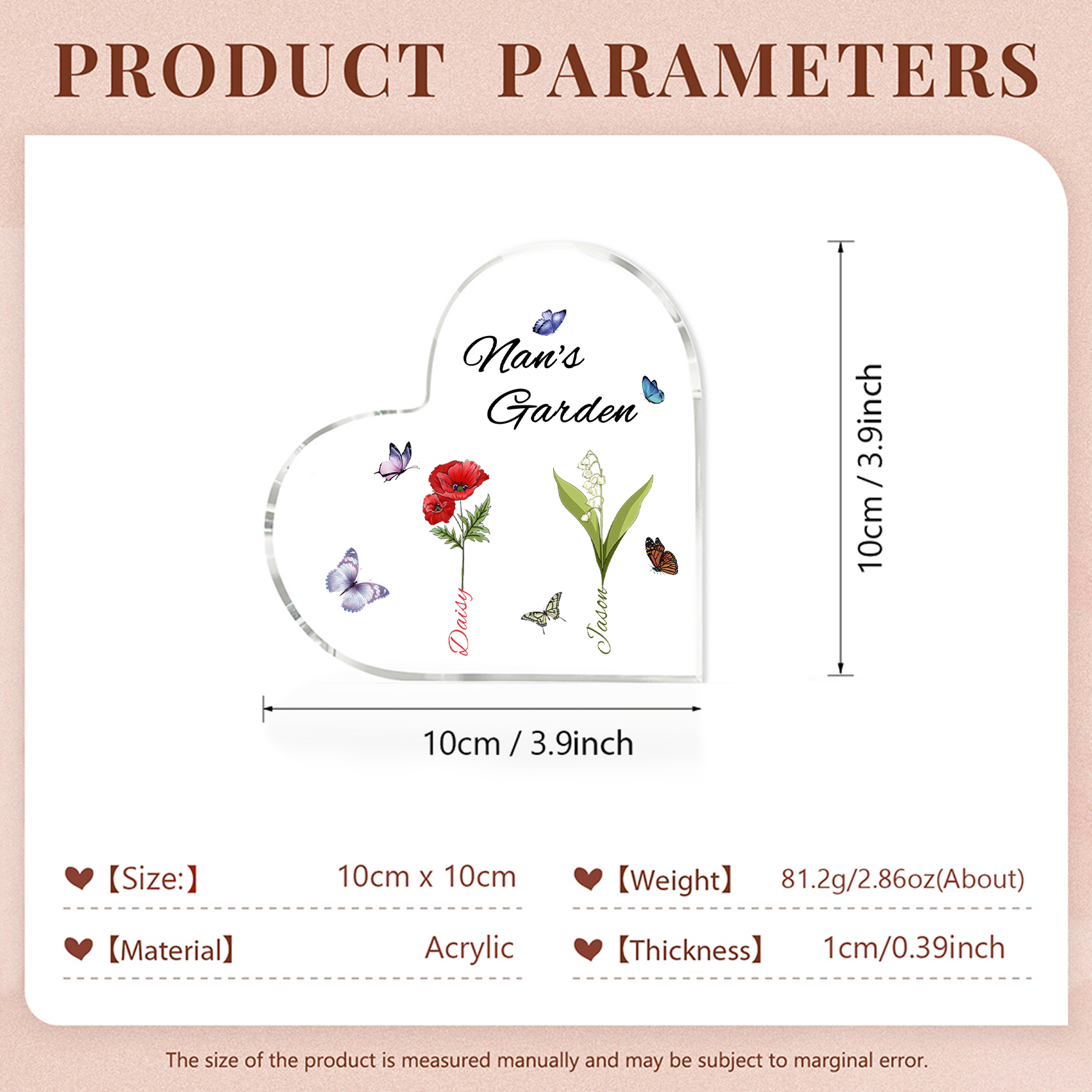 Personalised Heart-Shaped Acrylic Keepsake - Custom 2 Names & Birthflowers Home Decorations Gift for Nan | Jessmade