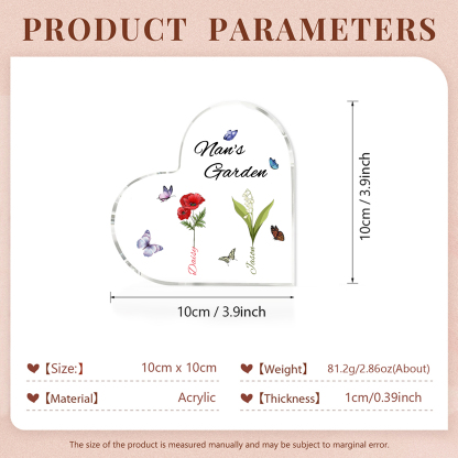 Personalised Heart-Shaped Acrylic Keepsake - Custom 2 Names & Birthflowers Home Decorations Gift for Nan | Jessmade