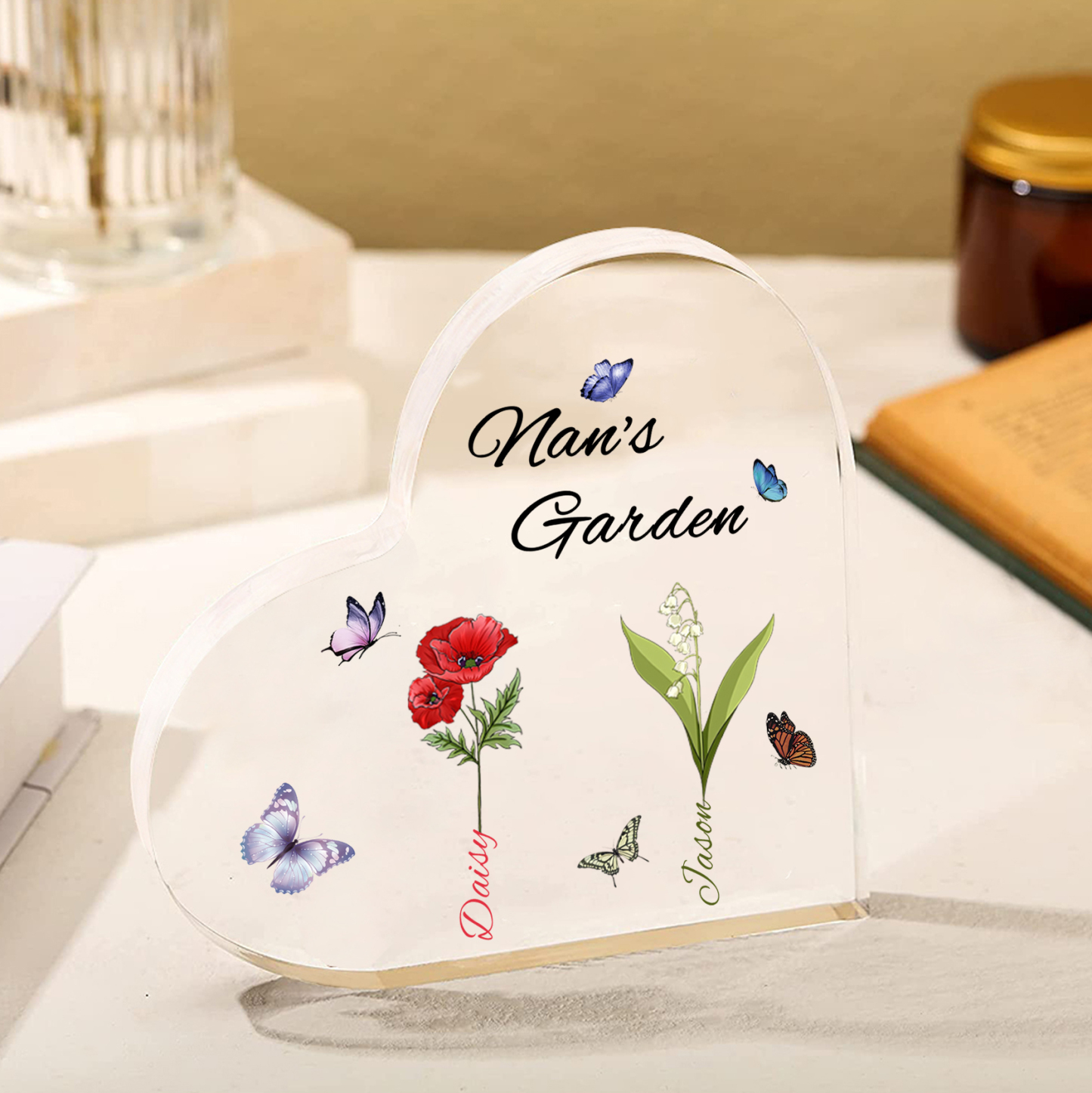 Personalised Heart-Shaped Acrylic Keepsake - Custom 2 Names & Birthflowers Home Decorations Gift for Nan | Jessmade