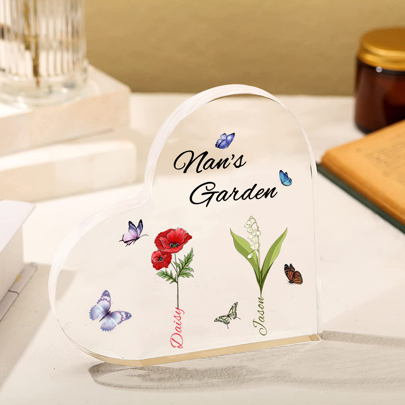 Personalised Heart-Shaped Acrylic Keepsake - Custom 2 Names & Birthflowers Home Decorations Gift for Nan | Jessmade