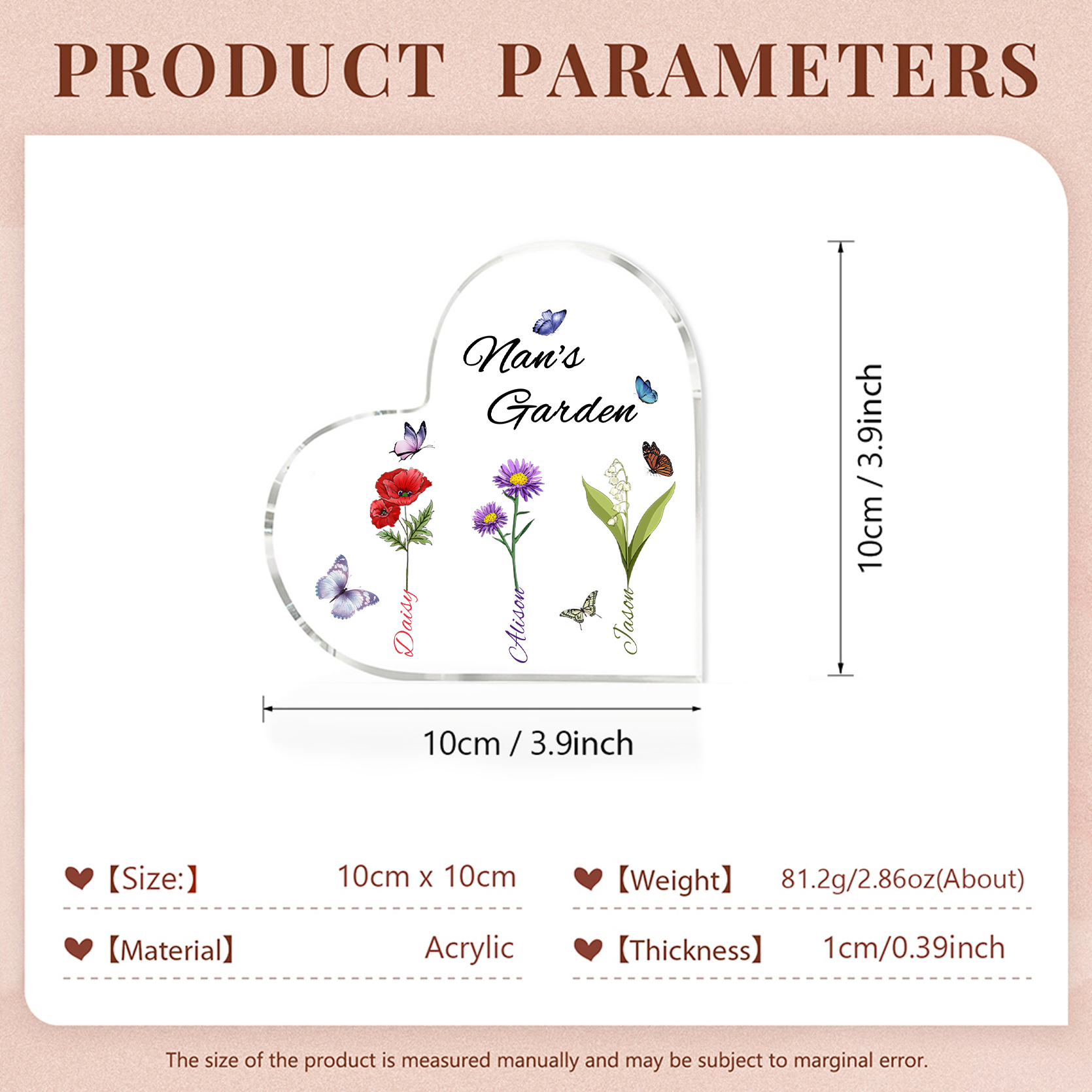 Personalised Heart-Shaped Acrylic Keepsake - Custom 3 Names & 3 Birthflowers Home Decorations Gift for Nan | Jessmade