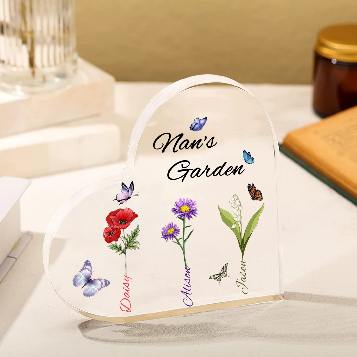 Personalised Heart-Shaped Acrylic Keepsake - Custom 3 Names & 3 Birthflowers Home Decorations Gift for Nan | Jessmade