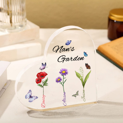 Personalised Heart-Shaped Acrylic Keepsake - Custom 3 Names & 3 Birthflowers Home Decorations Gift for Nan | Jessmade