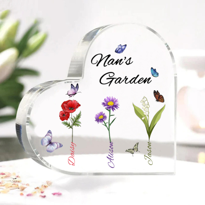 Personalised Heart-Shaped Acrylic Keepsake - Custom 3 Names & 3 Birthflowers Home Decorations Gift for Nan | Jessmade