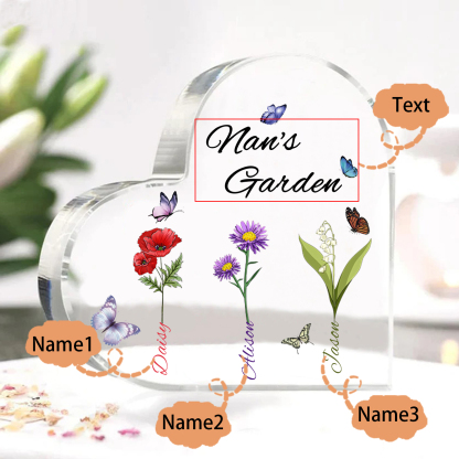 Personalised Heart-Shaped Acrylic Keepsake - Custom 3 Names & 3 Birthflowers Home Decorations Gift for Nan | Jessmade