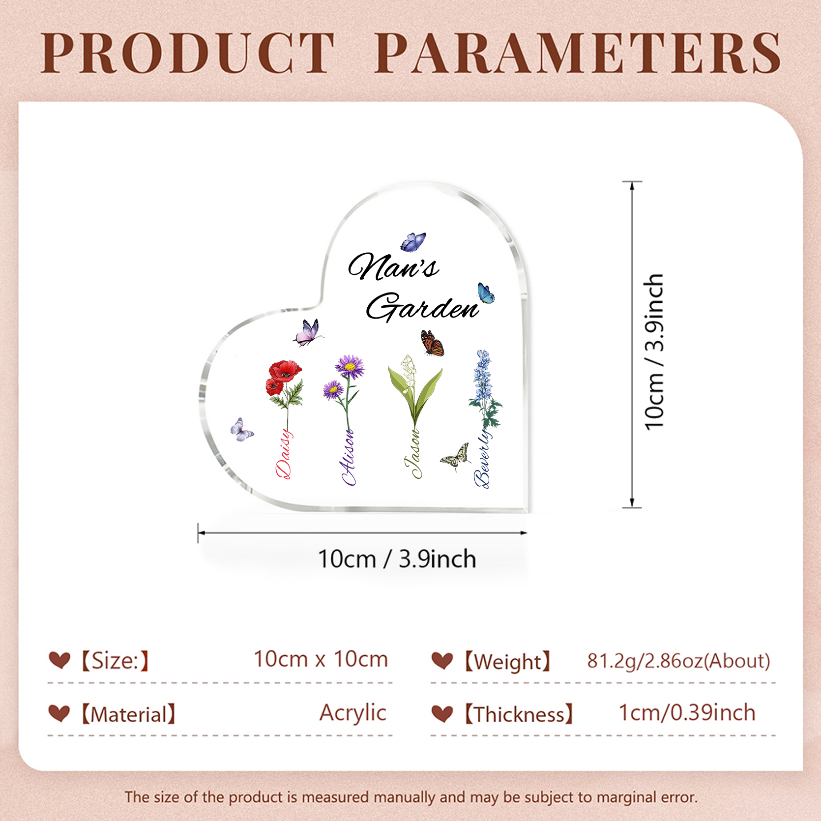 Personalised Heart-Shaped Acrylic Keepsake - Custom 4 Names & 4 Birthflowers Home Decorations Gift for Nan | Jessmade