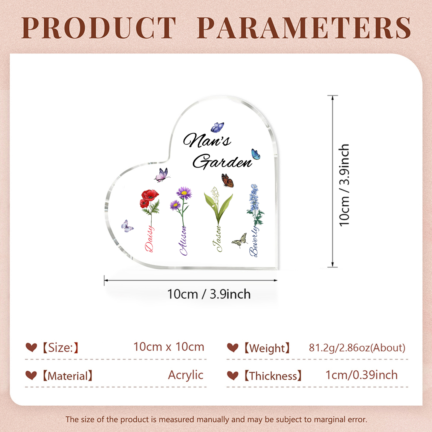 Personalised Heart-Shaped Acrylic Keepsake - Custom 4 Names & 4 Birthflowers Home Decorations Gift for Nan | Jessmade