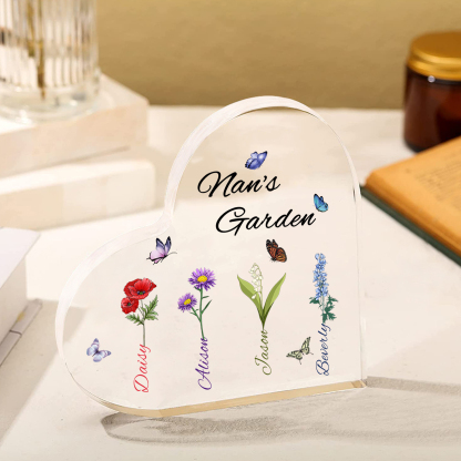 Personalised Heart-Shaped Acrylic Keepsake - Custom 4 Names & 4 Birthflowers Home Decorations Gift for Nan | Jessmade