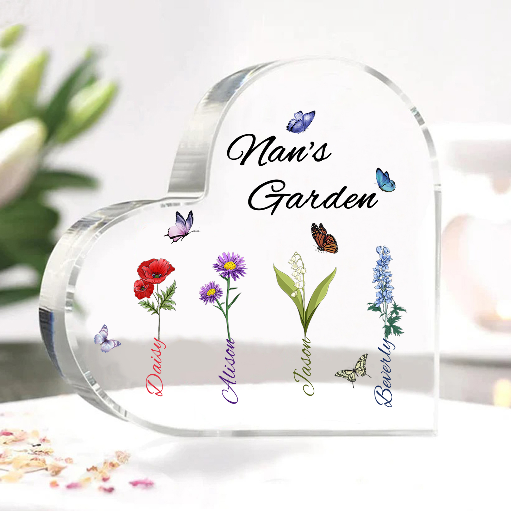 Personalised Heart-Shaped Acrylic Keepsake - Custom 4 Names & 4 Birthflowers Home Decorations Gift for Nan | Jessmade