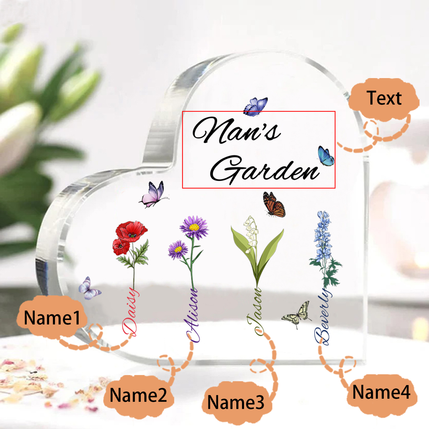 Personalised Heart-Shaped Acrylic Keepsake - Custom 4 Names & 4 Birthflowers Home Decorations Gift for Nan | Jessmade
