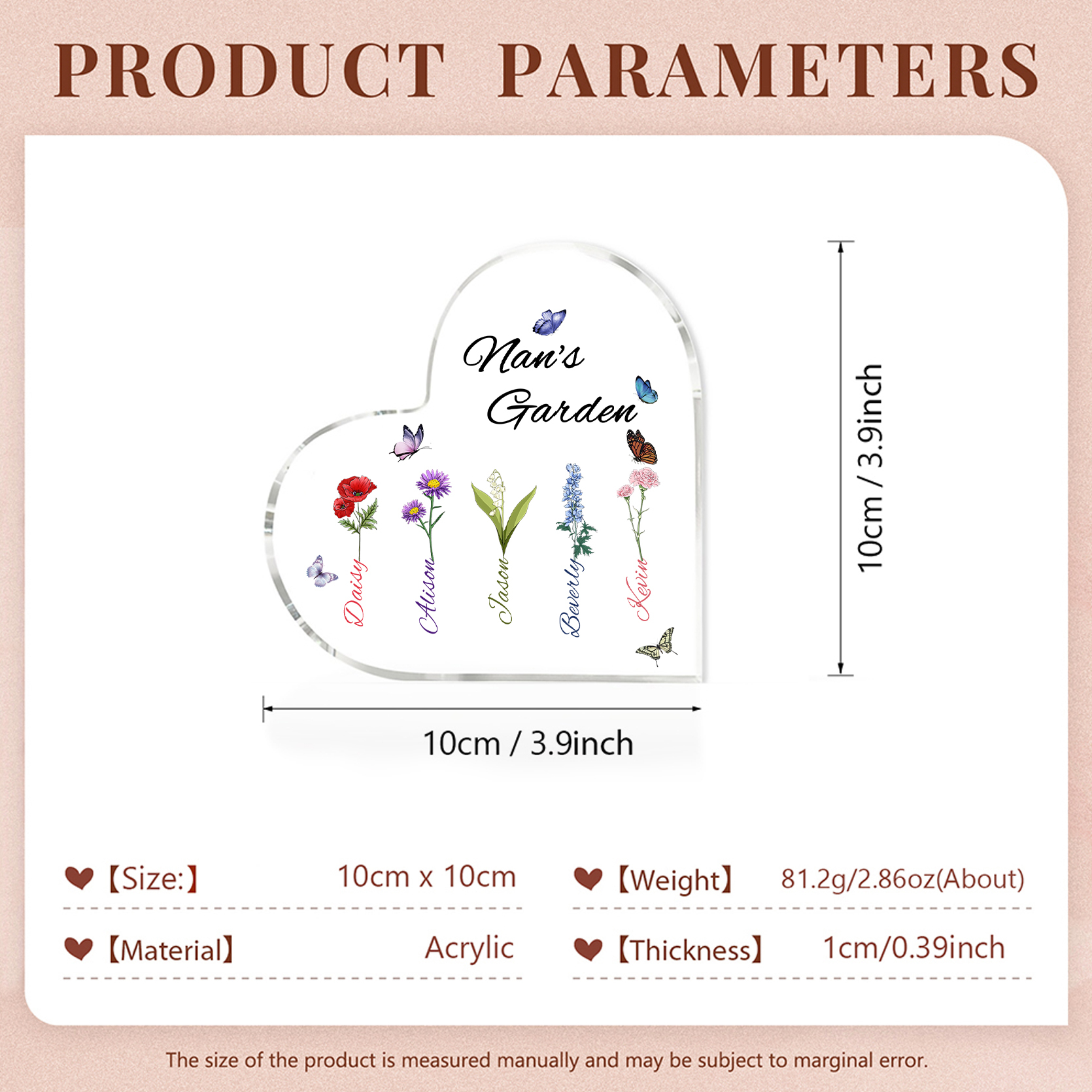 Personalised Heart-Shaped Acrylic Keepsake - Custom 5 Names & 5 Birthflowers Home Decorations Gift for Nan | Jessmade