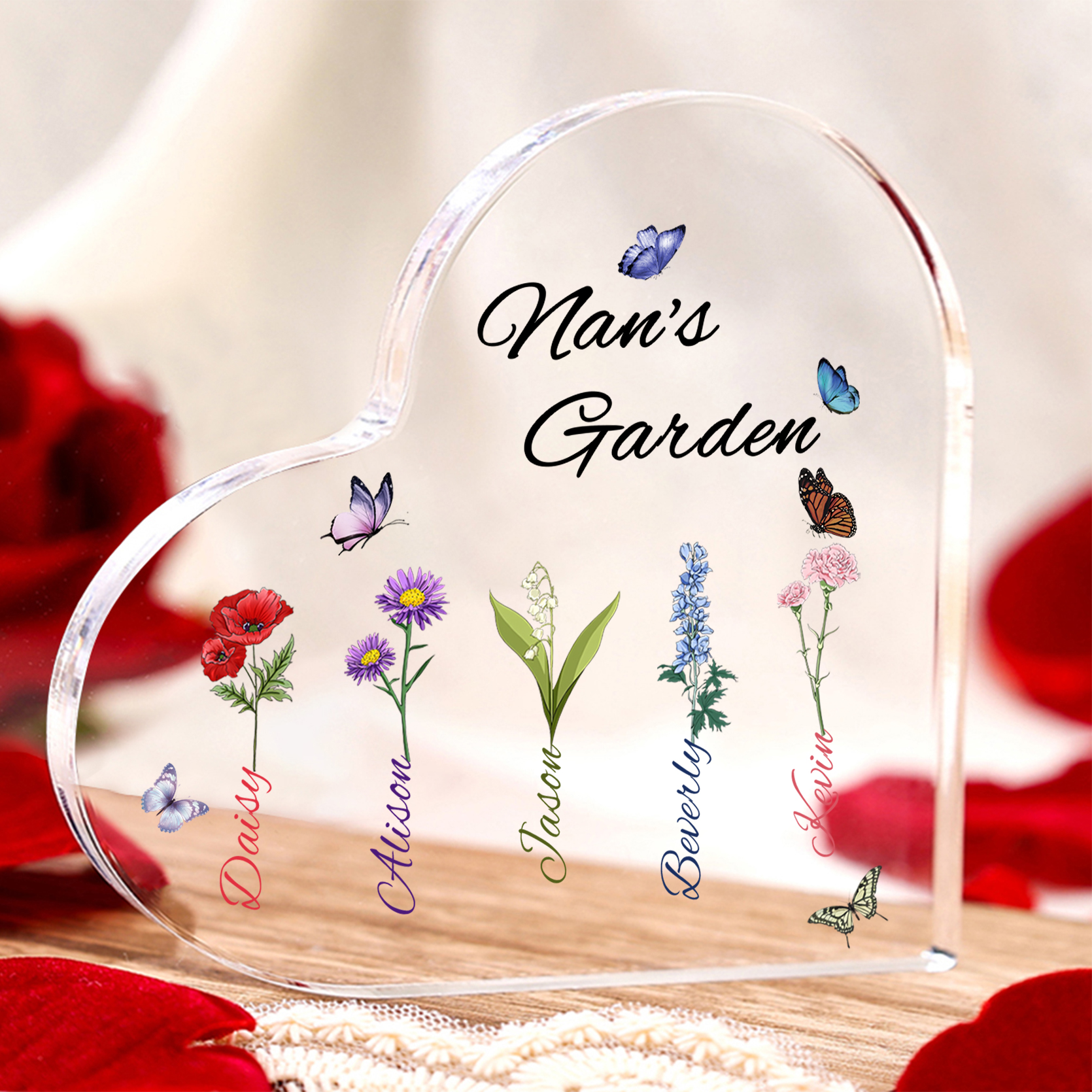 Personalised Heart-Shaped Acrylic Keepsake - Custom 5 Names & 5 Birthf