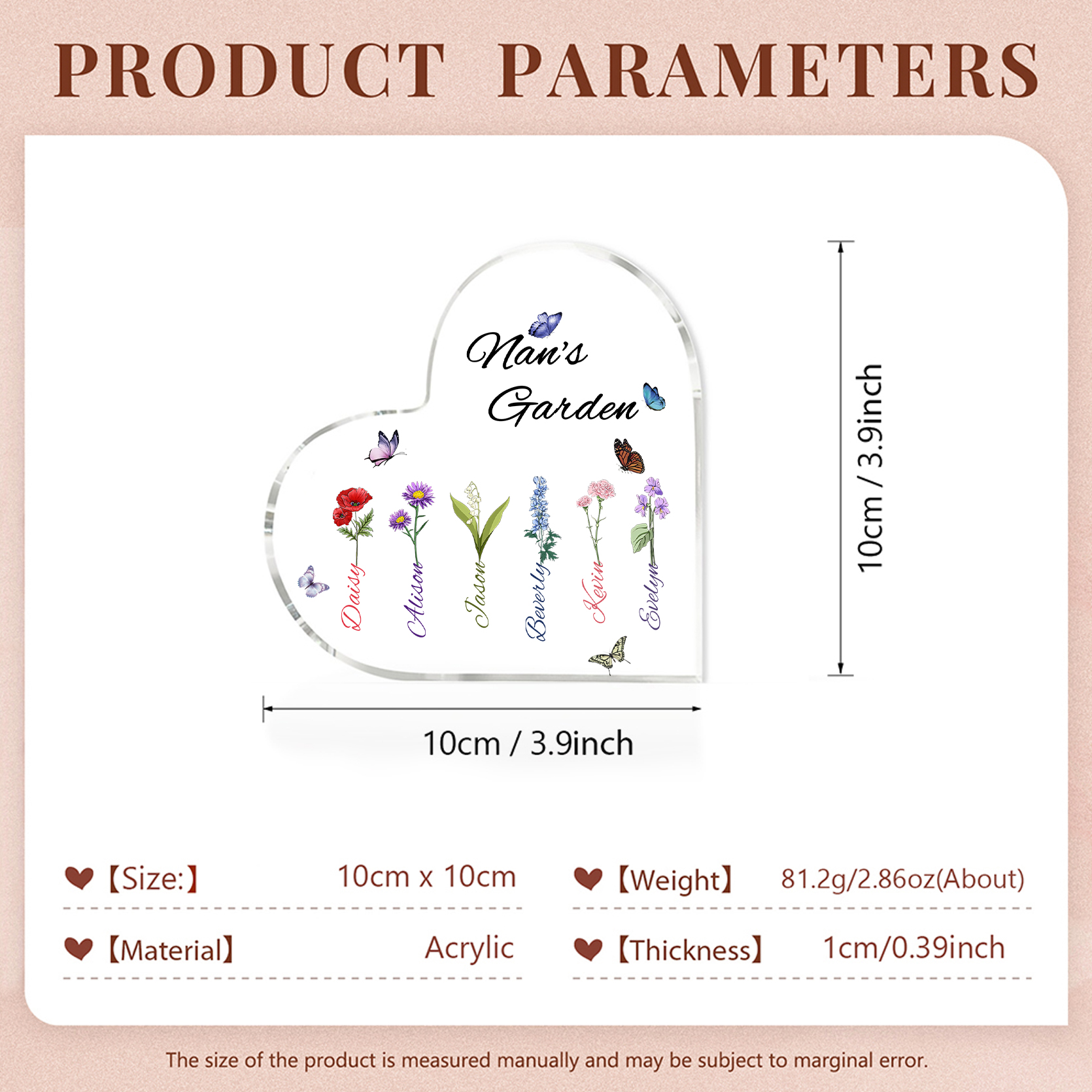 Personalised Heart-Shaped Acrylic Keepsake - Custom 6 Names & 6 Birthflowers Home Decorations Gift for Nan | Jessmade