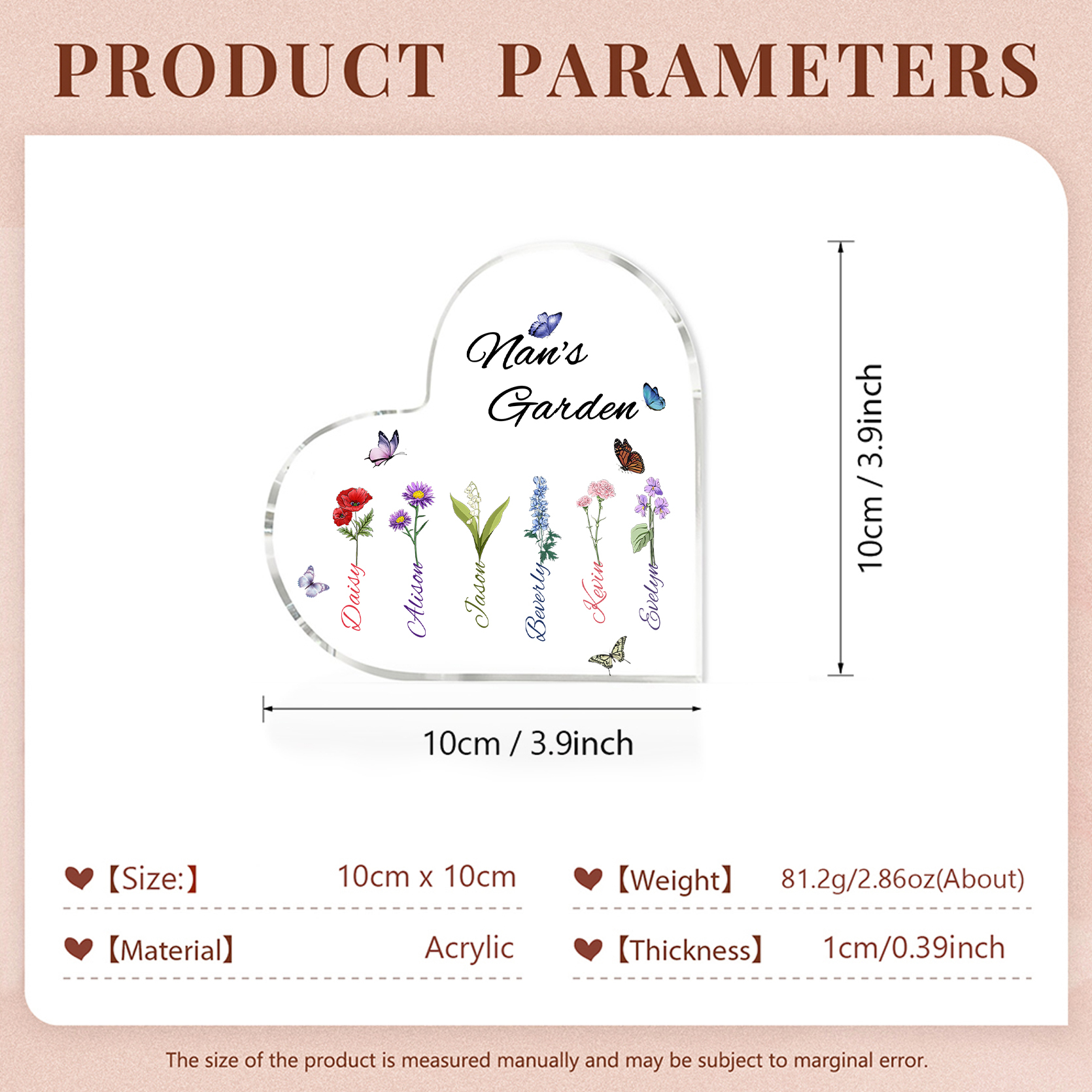 Personalised Heart-Shaped Acrylic Keepsake - Custom 6 Names & 6 Birthflowers Home Decorations Gift for Nan | Jessmade