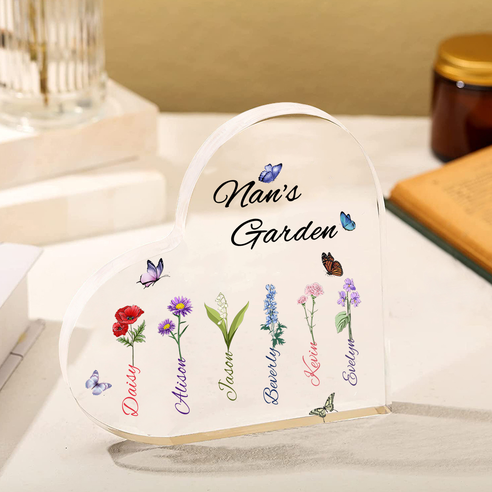 Personalised Heart-Shaped Acrylic Keepsake - Custom 6 Names & 6 Birthflowers Home Decorations Gift for Nan | Jessmade
