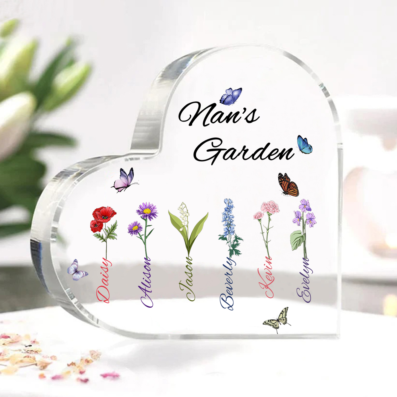 Personalised Heart-Shaped Acrylic Keepsake - Custom 6 Names & 6 Birthflowers Home Decorations Gift for Nan | Jessmade