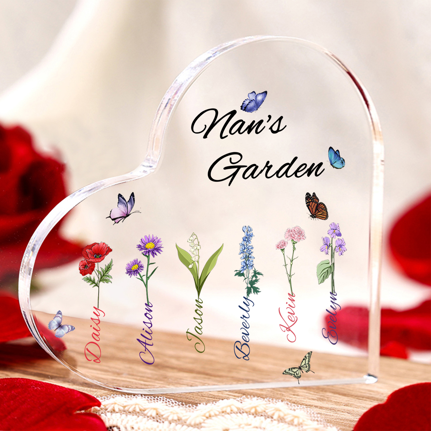 Personalised Heart-Shaped Acrylic Keepsake - Custom 6 Names & 6 Birthflowers Home Decorations Gift for Nan | Jessmade