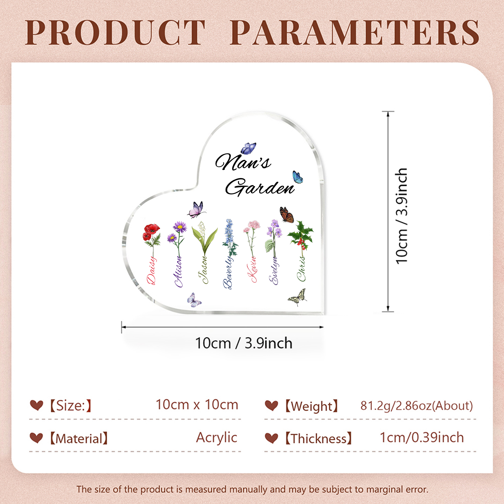 Personalised Heart-Shaped Acrylic Keepsake - Custom 7 Names & 7 Birthflowers Home Decorations Gift for Nan | Jessmade